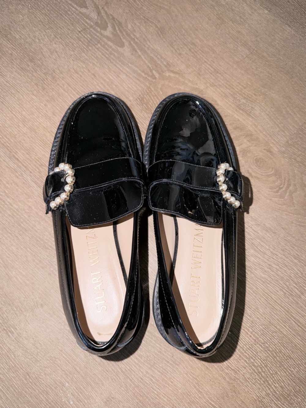Stuart Weitzman Black Patent Pearl-Trim Loafers